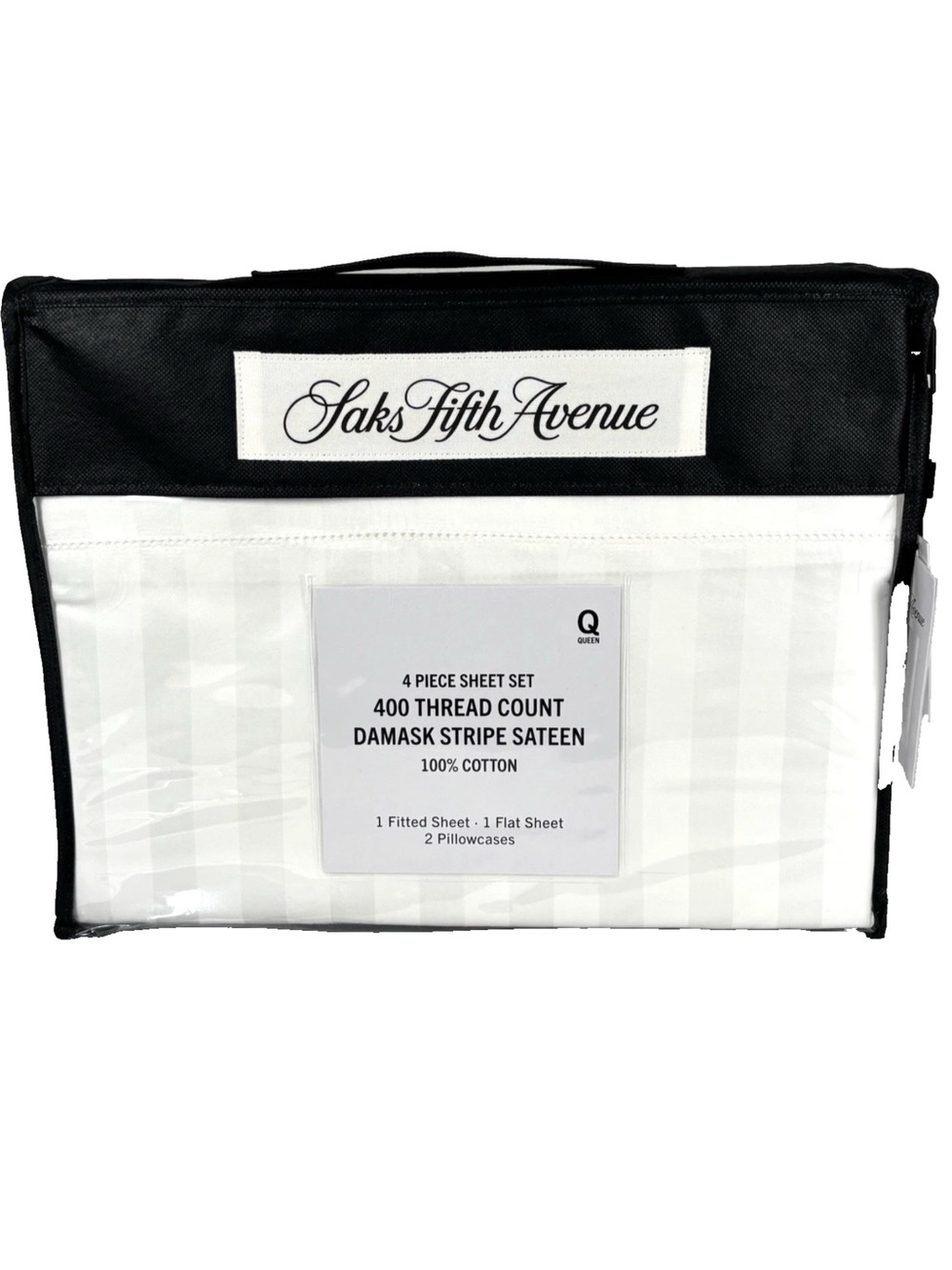 Saks Fifth Avenue Queen 4 PC White Damask Sateen Stripe Hemstich Sheet Set New